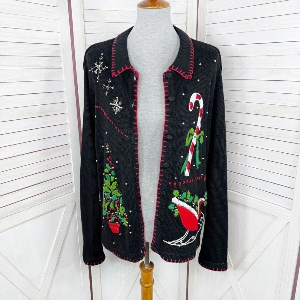 Vintage Ship N Shore Sport Christmas Cardigan Embellished Ugly‎ Sweater Black